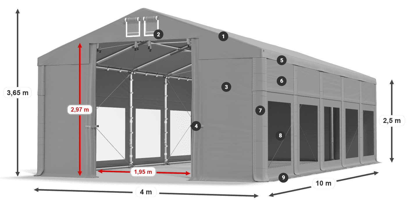 Tető: FR 620 PVC Falak: MS 580 PVC 2,5 m jelmagyarázat