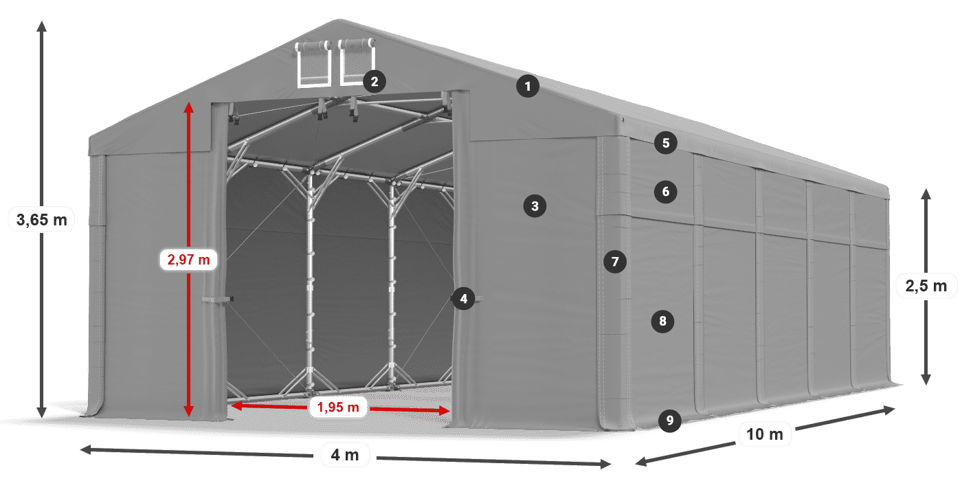 Tető: MS 580 PVC Falak: FR 620 PVC 2,5 m jelmagyarázat