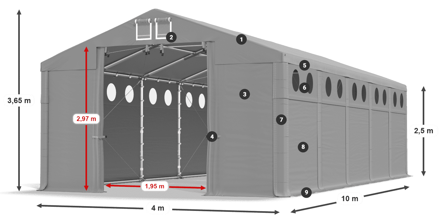 Tető: MS 580 PVC Falak: FR O 620 PVC 2,5 m jelmagyarázat