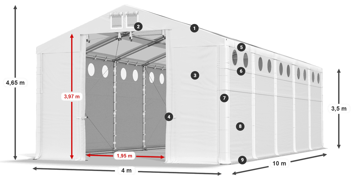 Tető: MS T 580 PVC Falak: FR O 620 PVC 3,5 m jelmagyarázat