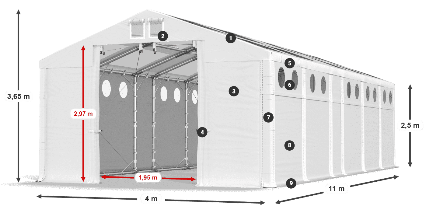 Tető: MS T 580 PVC Falak: MS O 580 PVC 2,5 m jelmagyarázat