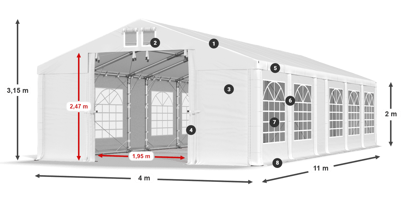 Tető: MS 580 PVC Falak: FR 620 PVC 2 m jelmagyarázat