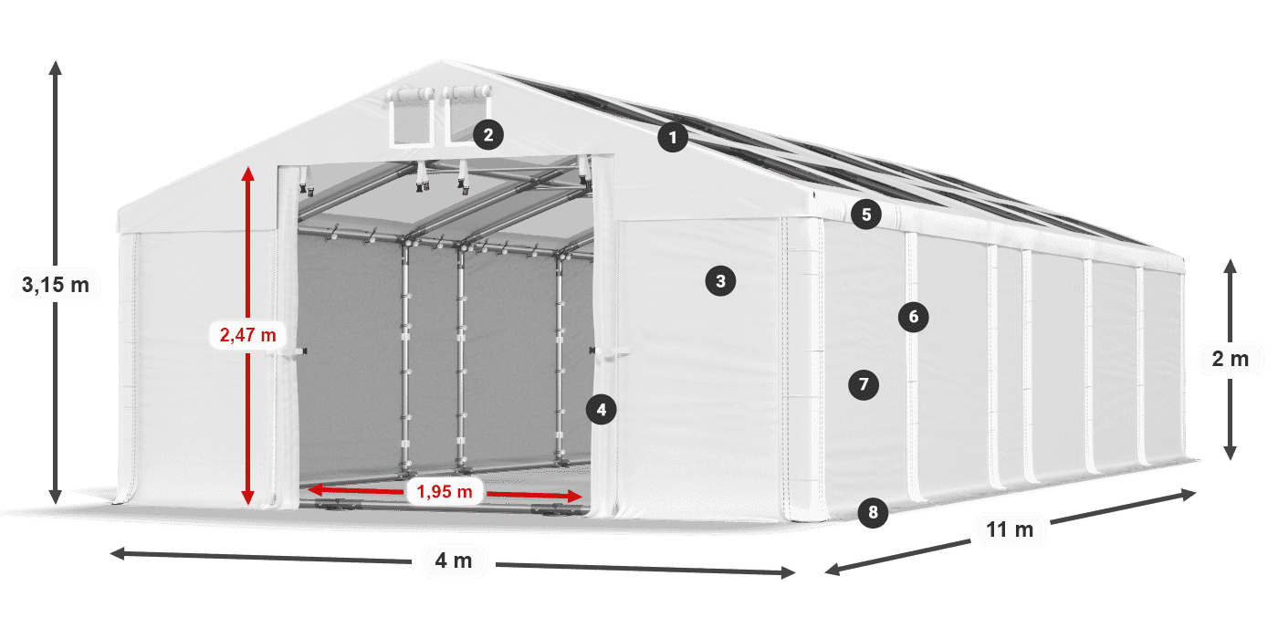 Tető: MS T 580 PVC Falak: FR 620 PVC 2 m jelmagyarázat