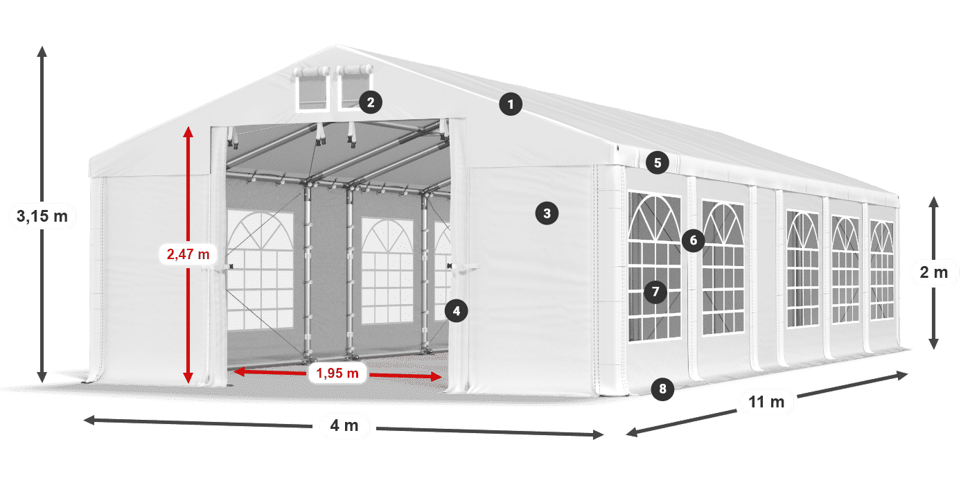 Tető: MS 580 PVC Falak: FR 620 PVC 2 m jelmagyarázat