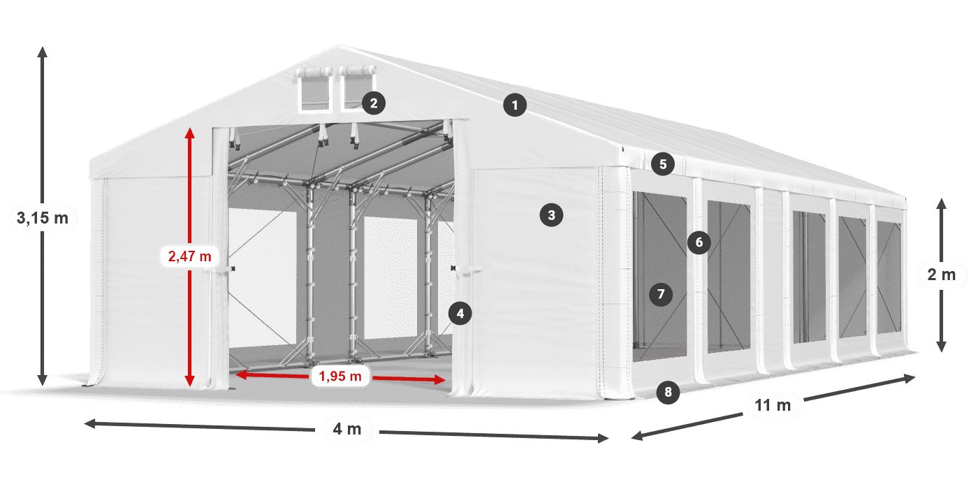 Tető: MS 580 PVC Falak: MS 580 PVC 2 m jelmagyarázat