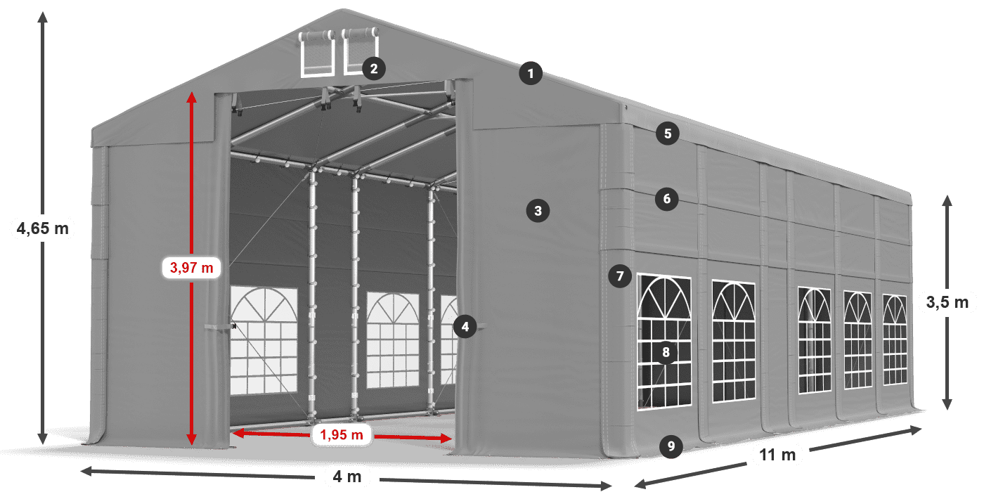 Tető: FR 620 PVC Falak: SD 500 PVC 3,5 m jelmagyarázat