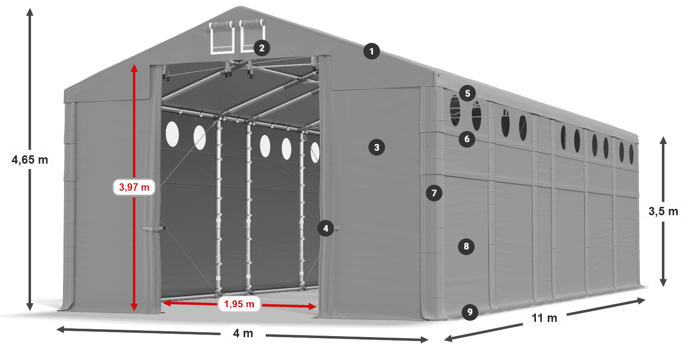 Tető: MS 580 PVC Falak: FR O 620 PVC 3,5 m jelmagyarázat