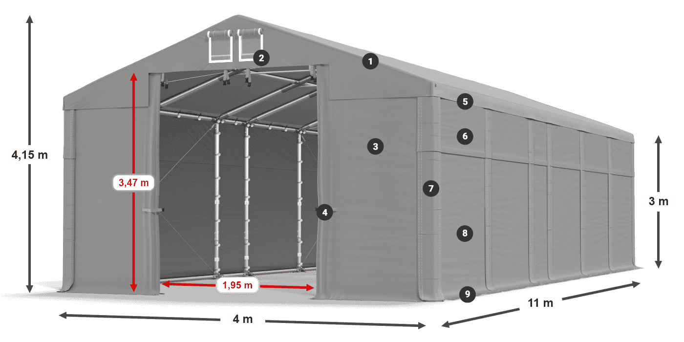 Tető: MS 580 PVC Falak: FR 620 PVC  3 m jelmagyarázat