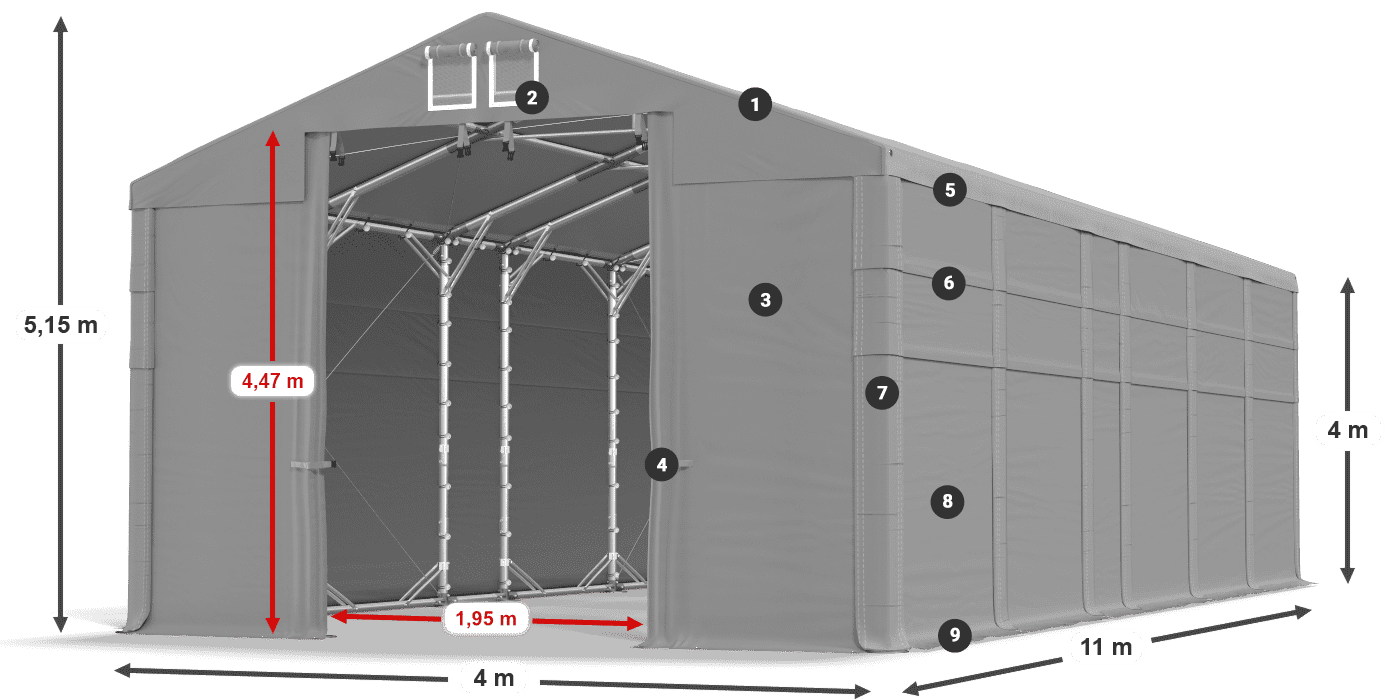 Tető: MS 580 PVC Falak: SD 500 PVC 4 m jelmagyarázat
