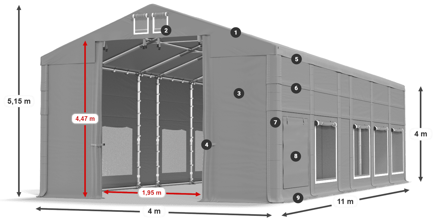 Tető: MS 580 PVC Falak: SD M 500 PVC 4 m jelmagyarázat