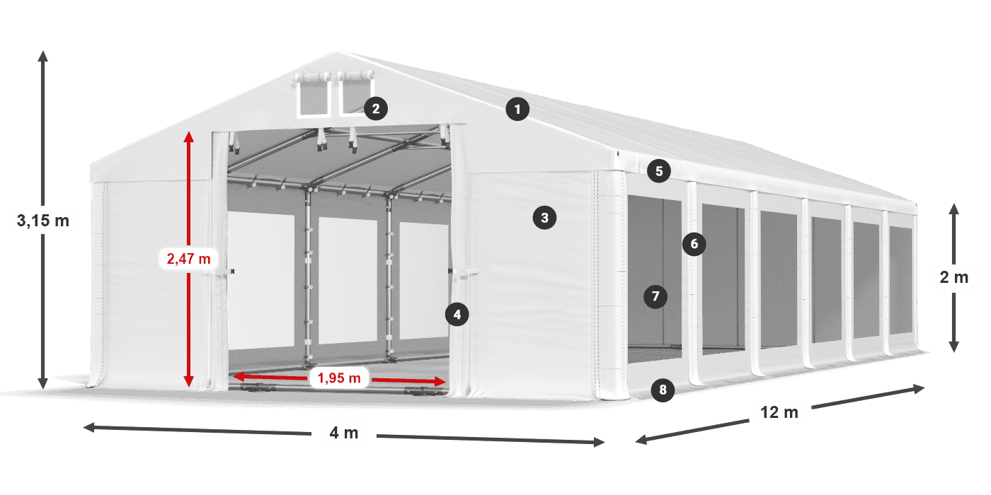 Tető: MS 580 PVC Falak: MS 580 PVC 2 m jelmagyarázat