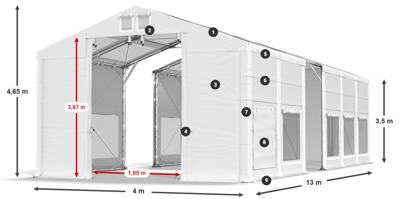 Tető: MS T 580 PVC Falak: SD M 500 PVC 2,5 m jelmagyarázat