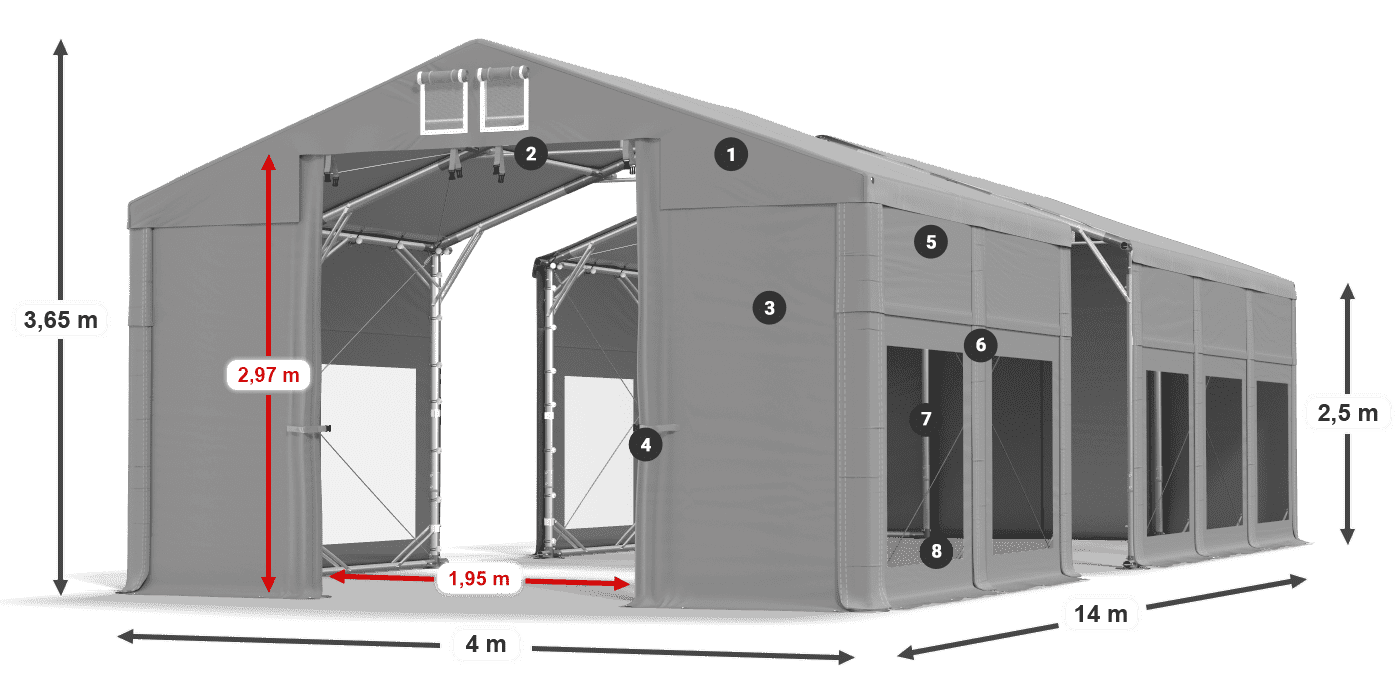 Tető: MS 580 PVC Falak: MS 580 PVC 2,5 m jelmagyarázat