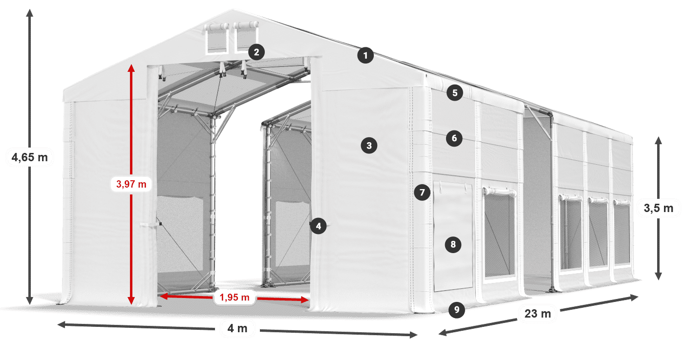 Tető: MS T 580 PVC Falak: SD M 500 PVC 2,5 m jelmagyarázat