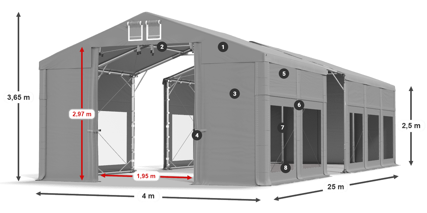 Tető: FR 620 PVC Falak: MS 580 PVC 2,5 m jelmagyarázat