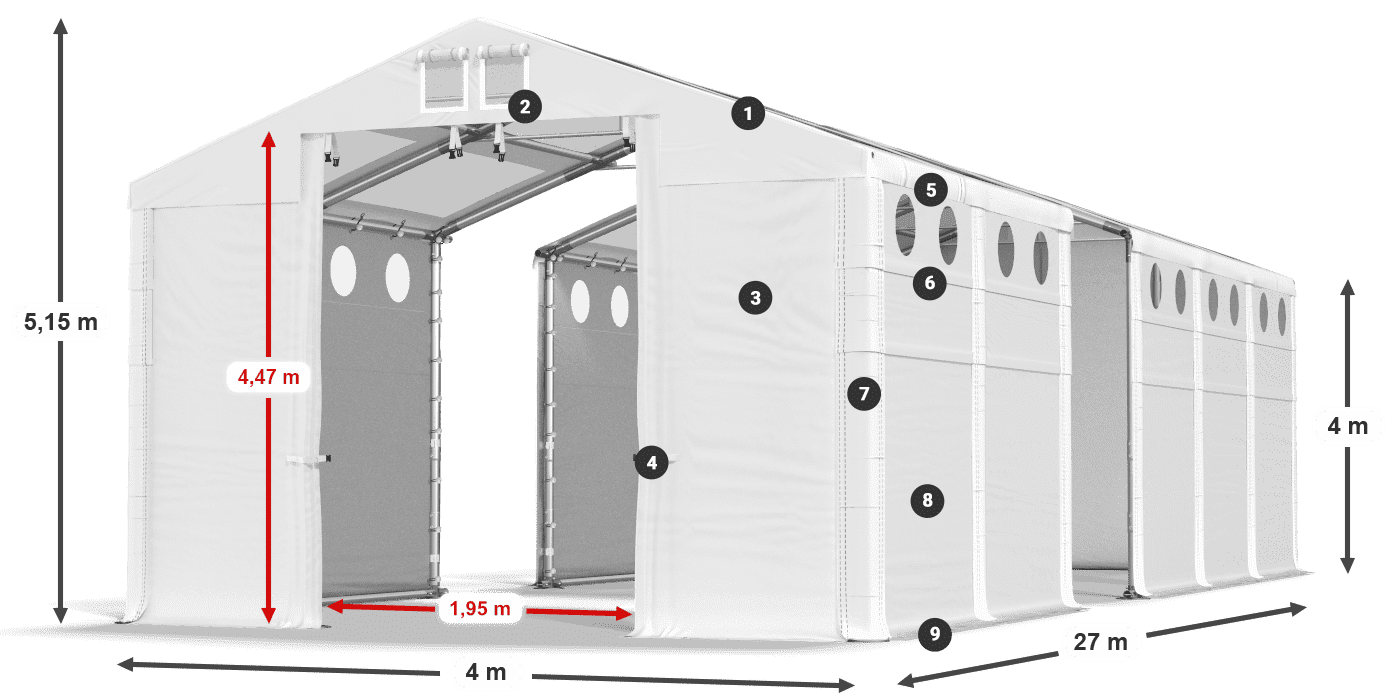 Tető: MS T 580 PVC Falak: MS O 580 PVC 4 m jelmagyarázat