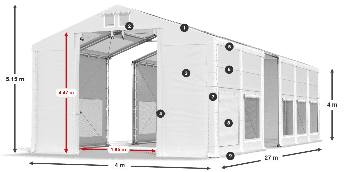 Tető: MS T 580 PVC Falak: SD M 500 PVC 4 m jelmagyarázat
