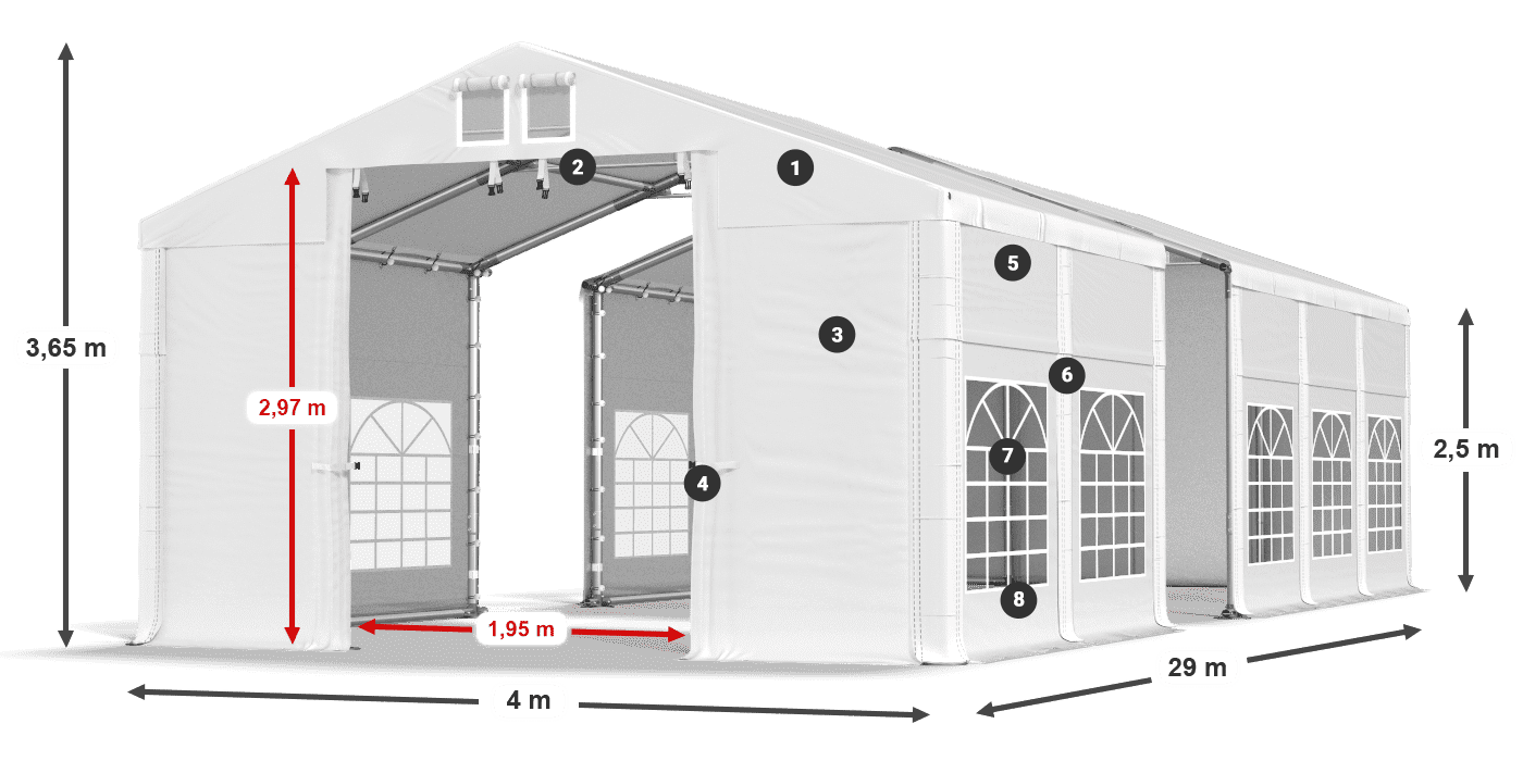 Tető: MS 580 PVC Falak: FR 620 PVC 2,5 m jelmagyarázat