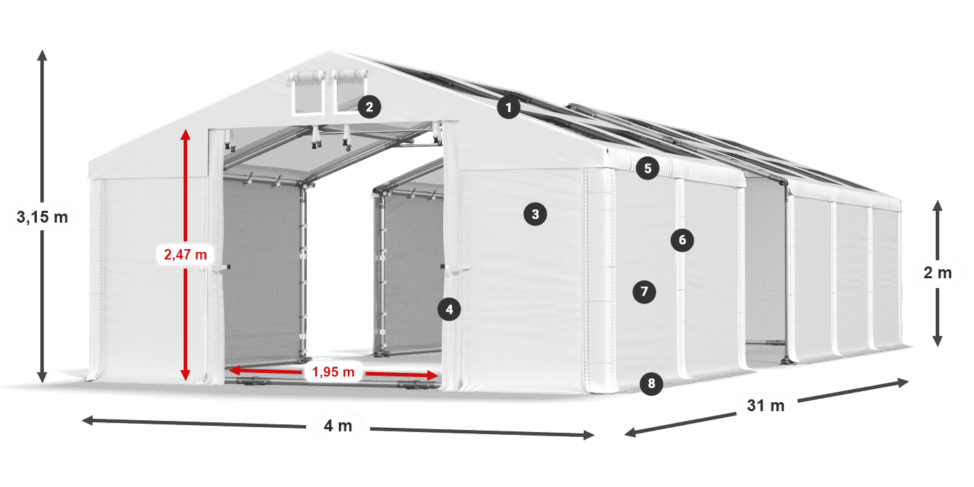 Tető: MS T 580 PVC Falak: FR 620 PVC 2 m jelmagyarázat