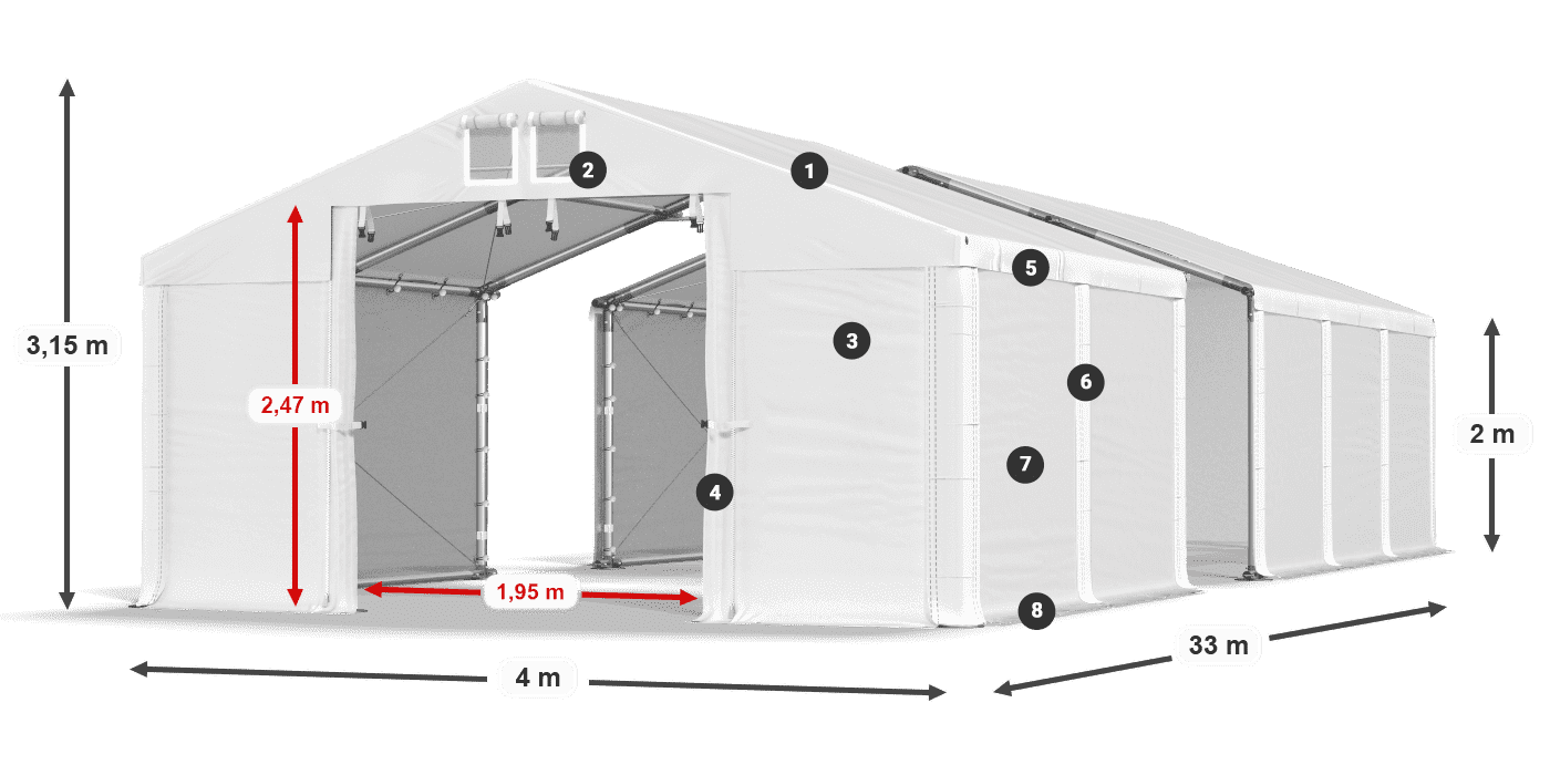 Tető: MS 580 PVC Falak: FR M 620 PVC 2 m jelmagyarázat