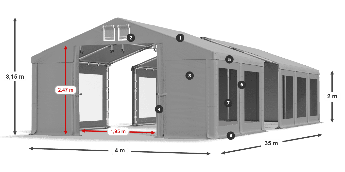 Tető: FR 620 PVC Falak: MS 580 PVC 2 m jelmagyarázat