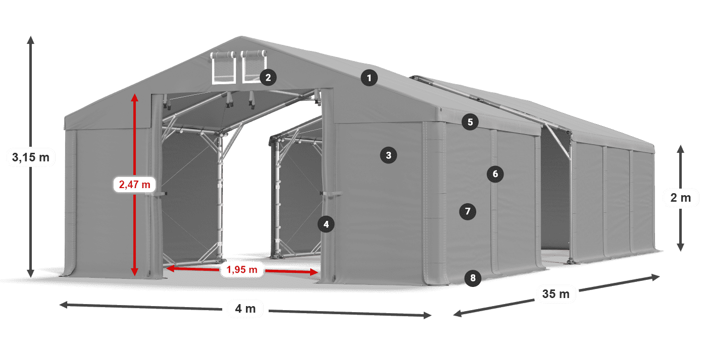 Tető: MS 580 PVC Falak: FR M 620 PVC 2 m jelmagyarázat