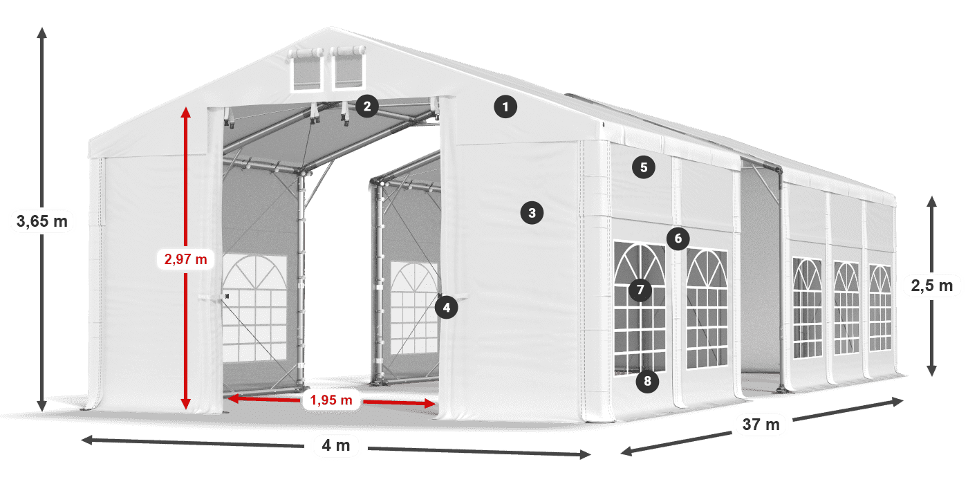 Tető: MS 580 PVC Falak: FR 620 PVC 2,5 m jelmagyarázat