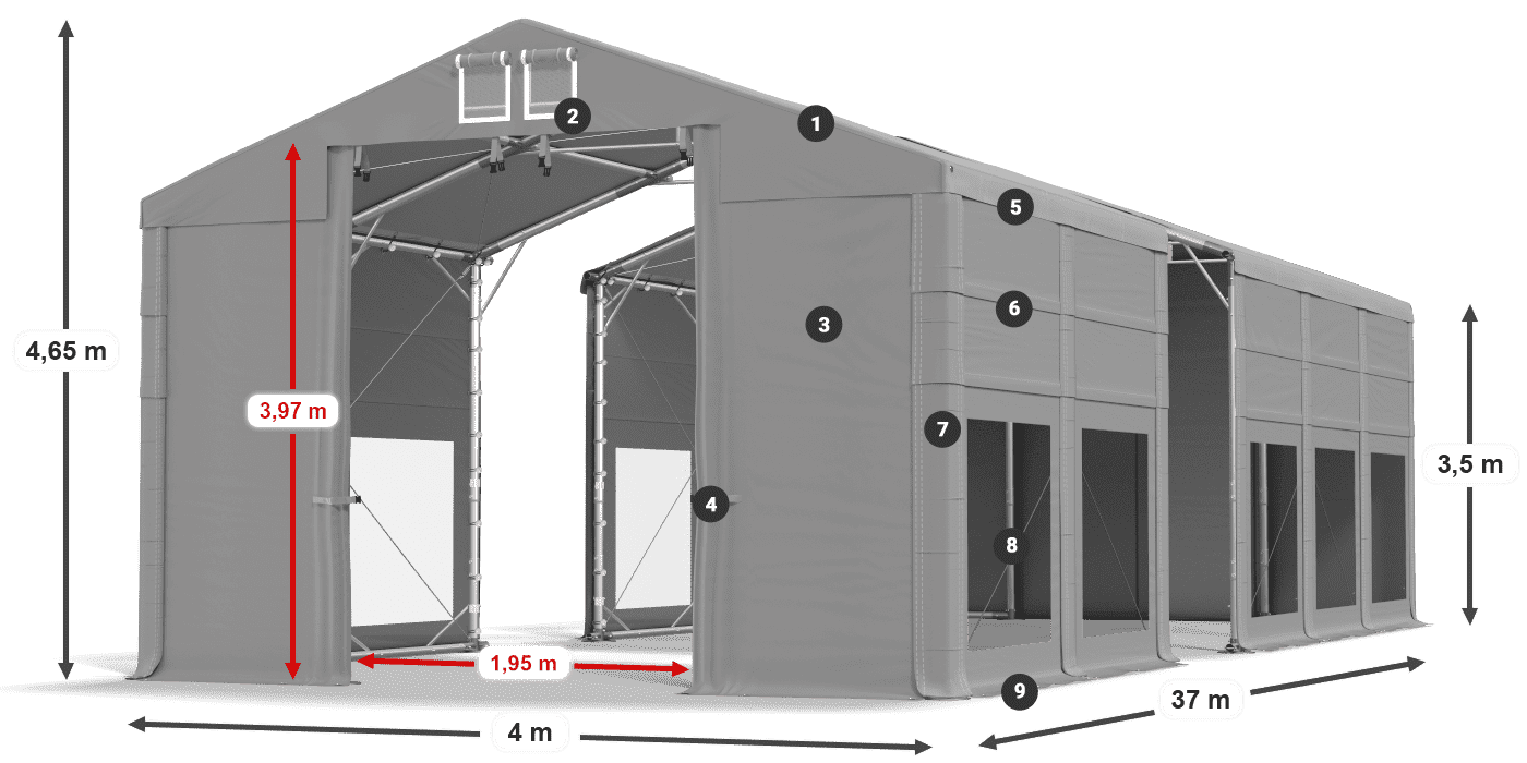 Tető: MS 580 PVC Falak: MS 580 PVC 3,5 m jelmagyarázat