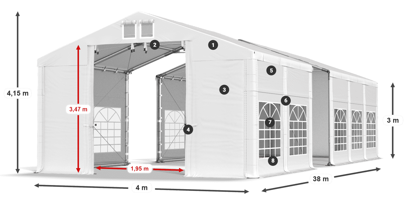 Tető: MS 580 PVC Falak: FR 620 PVC 3 m jelmagyarázat