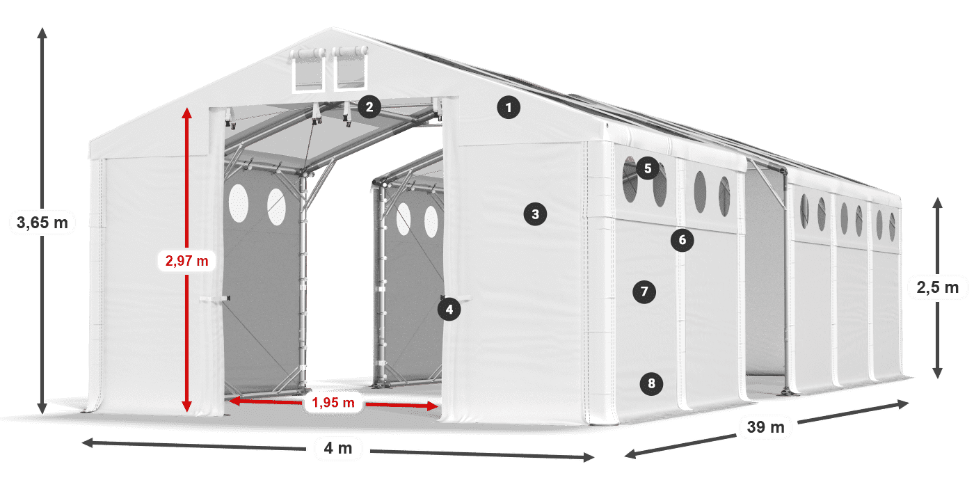 Tető: MS T 580 PVC Falak: MS O 580 PVC 2,5 m jelmagyarázat