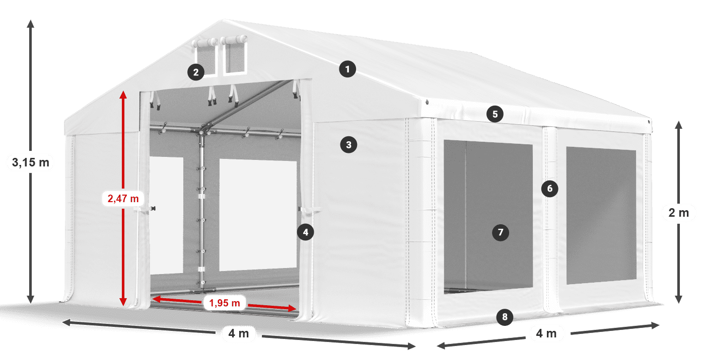 Tető: MS 580 PVC Falak: MS 580 PVC 2 m jelmagyarázat