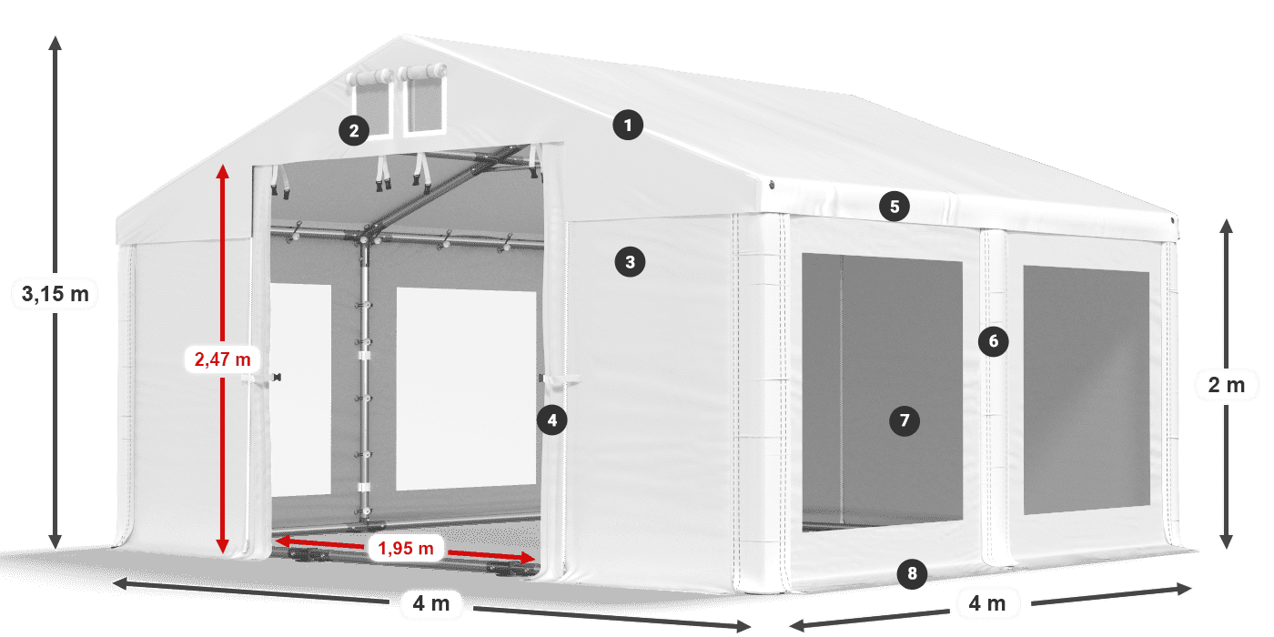 Tető: MS 580 PVC Falak: MS 580 PVC 2 m jelmagyarázat