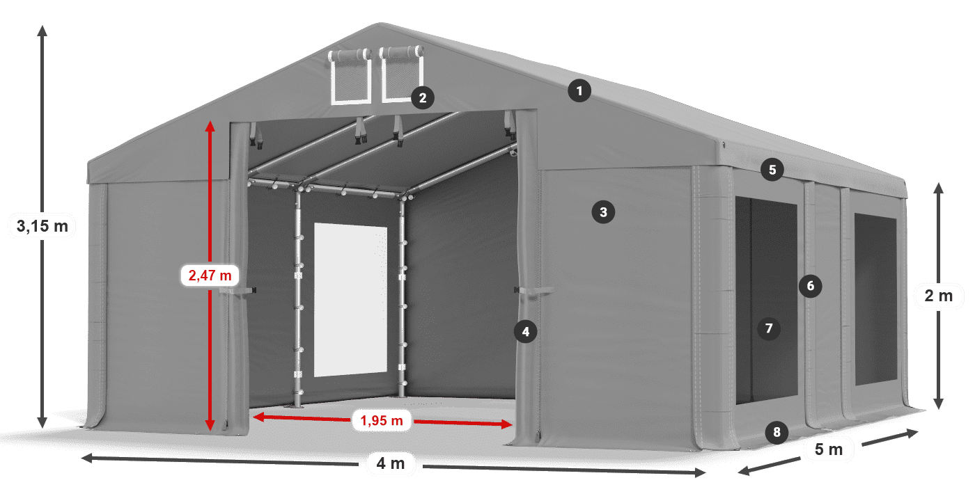 Tető: FR 620 PVC Falak: MS 580 PVC 2 m jelmagyarázat
