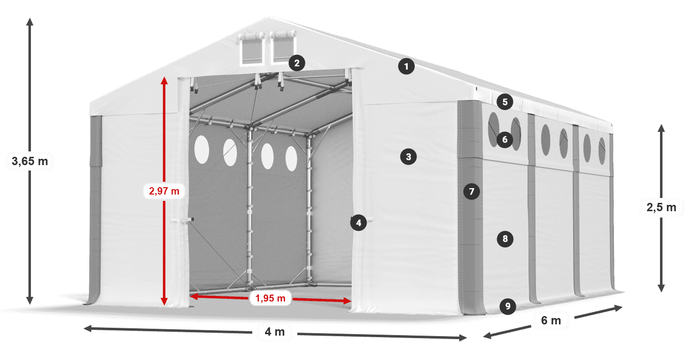 Tető: FR 620 PVC Falak: MS O 580 PVC 2,5 m jelmagyarázat