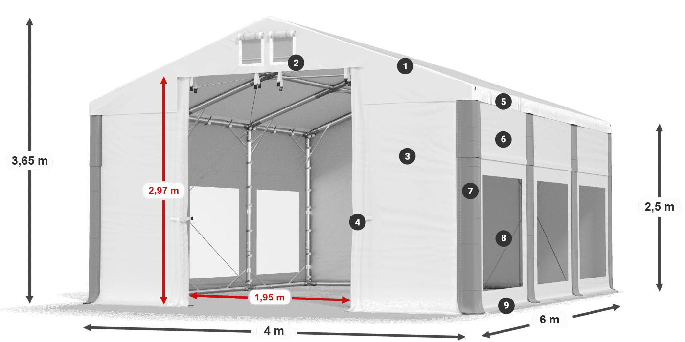 Tető: FR 620 PVC Falak: MS 580 PVC 2,5 m jelmagyarázat