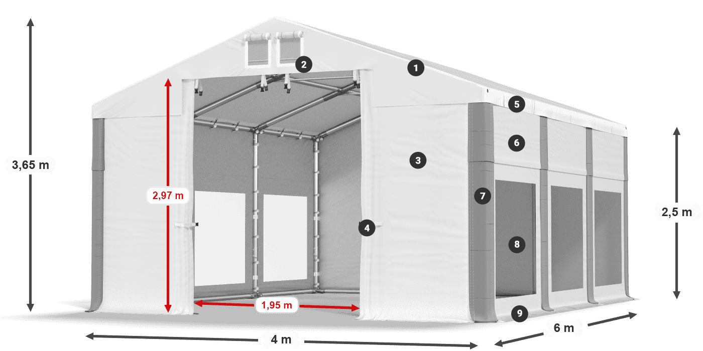 Tető: FR 620 PVC Falak: MS 580 PVC 2,5 m jelmagyarázat