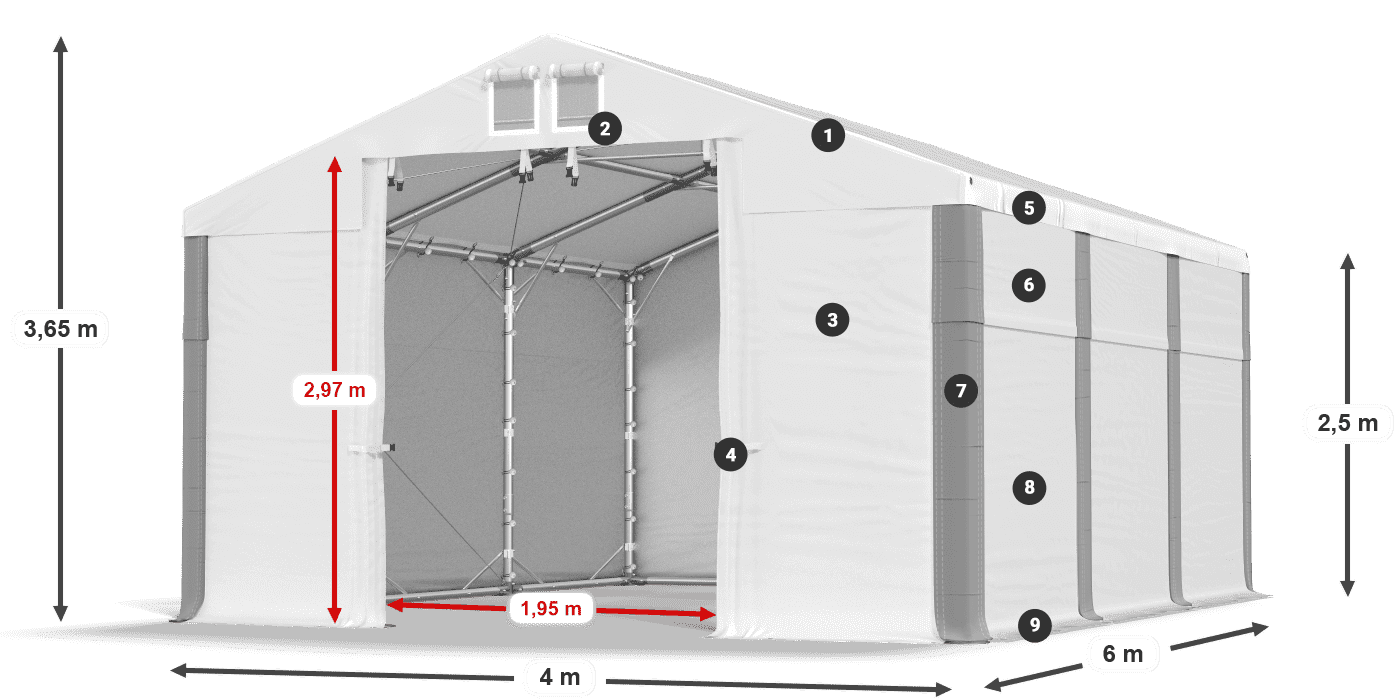 Tető: FR 620 PVC Falak: SD 500 PVC 2,5 m jelmagyarázat