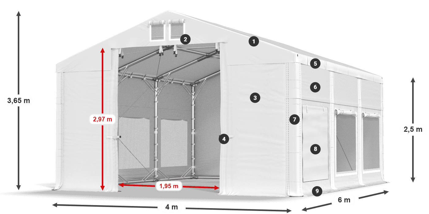 Tető: FR 620 PVC Falak: SD 500 PVC 2,5 m jelmagyarázat