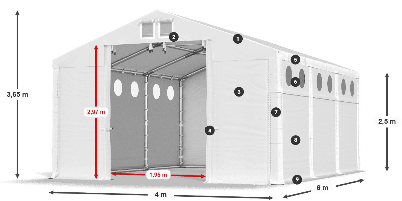 Tető: FR 620 PVC Falak: SD O 500 PVC 2,5 m jelmagyarázat