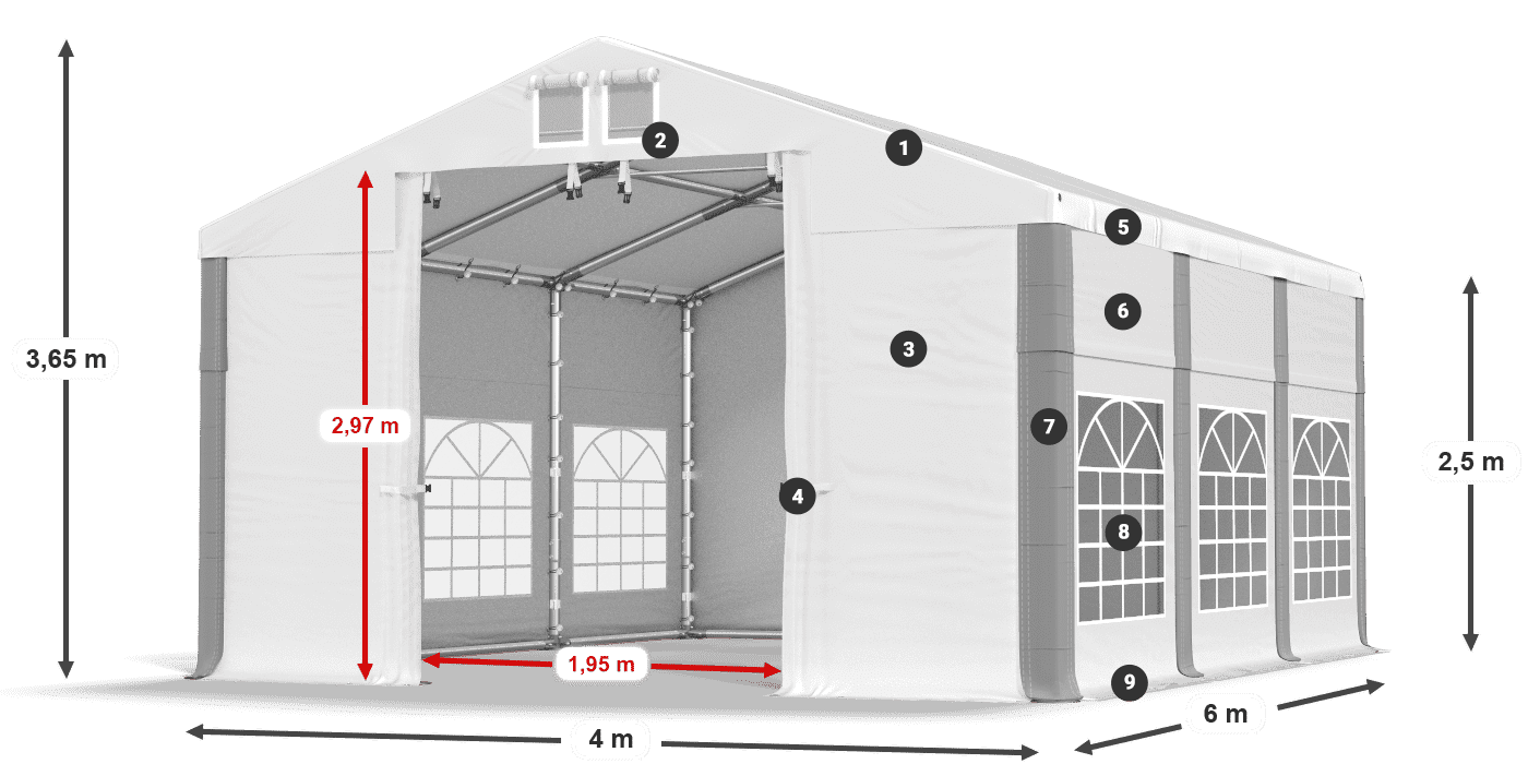Tető: FR 620 PVC Falak: SD 500 PVC 2,5 m jelmagyarázat