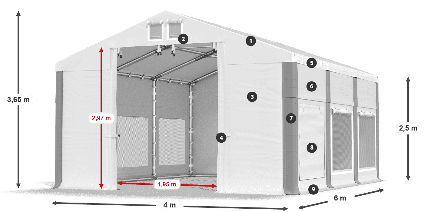 Tető: FR 620 PVC Falak: SD 500 PVC 2,5 m jelmagyarázat