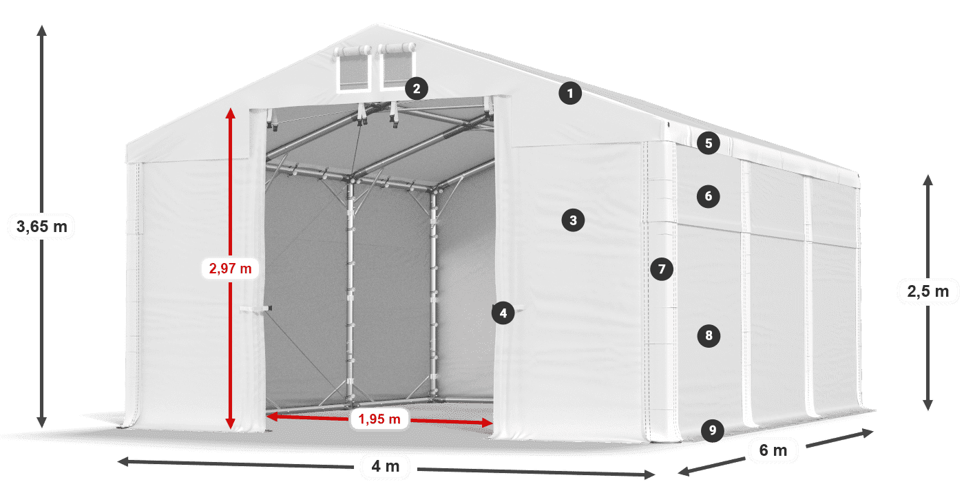 Tető: MS 580 PVC Falak: FR 620 PVC 2,5 m jelmagyarázat