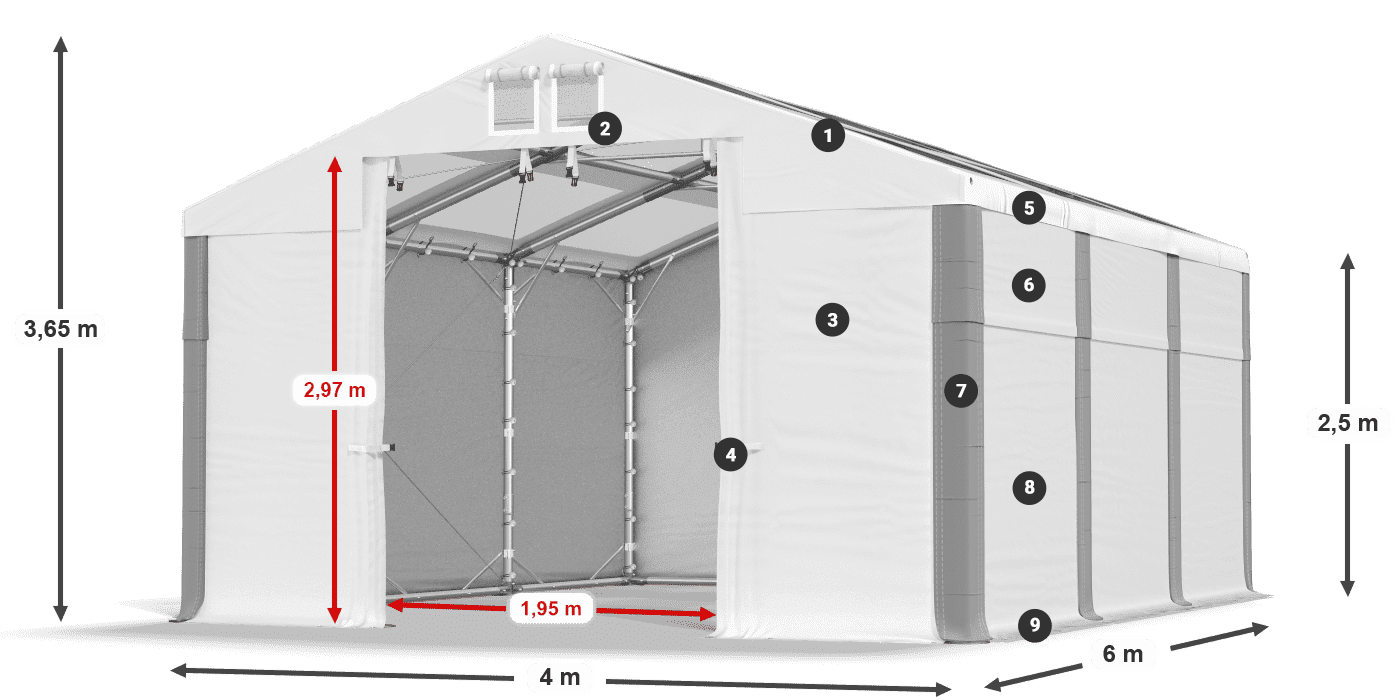 Tető: MS T 580 PVC Falak: FR 620 PVC 2,5 m jelmagyarázat