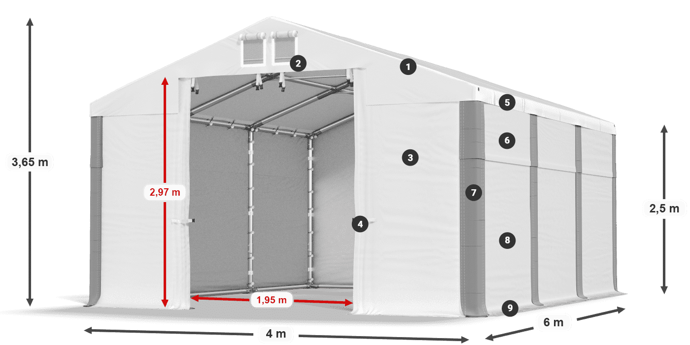 Tető: MS 580 PVC Falak: FR 620 PVC 2,5 m jelmagyarázat