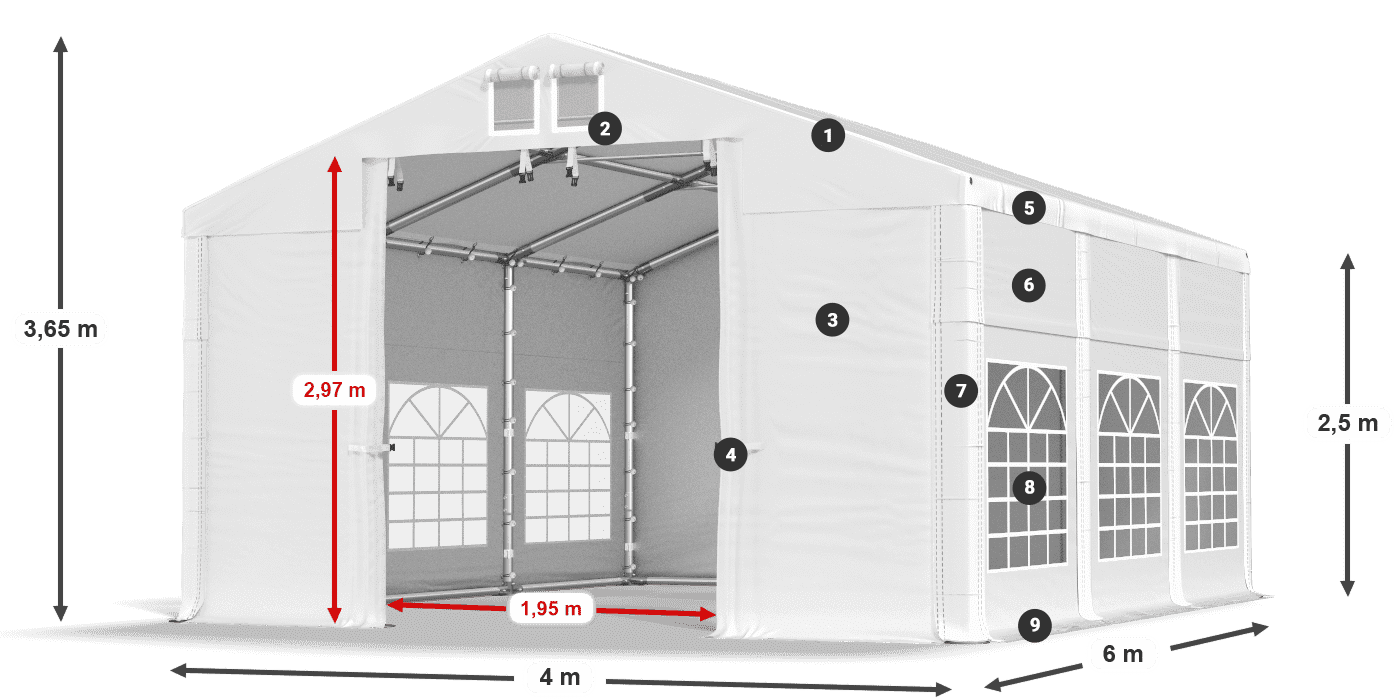 Tető: MS 580 PVC Falak: FR 620 PVC 2,5 m jelmagyarázat