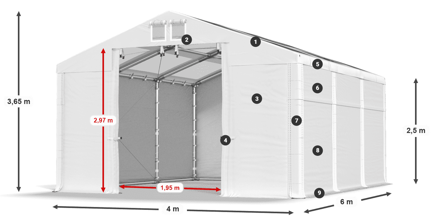 Tető: MS T 580 PVC Falak: FR 620 PVC 2,5 m jelmagyarázat
