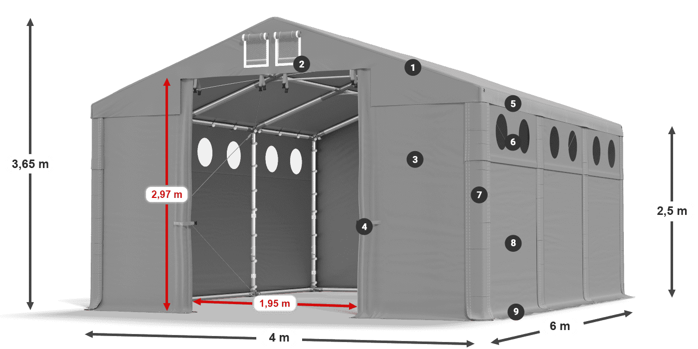 Tető: MS 580 PVC Falak: FR O 620 PVC 2,5 m jelmagyarázat