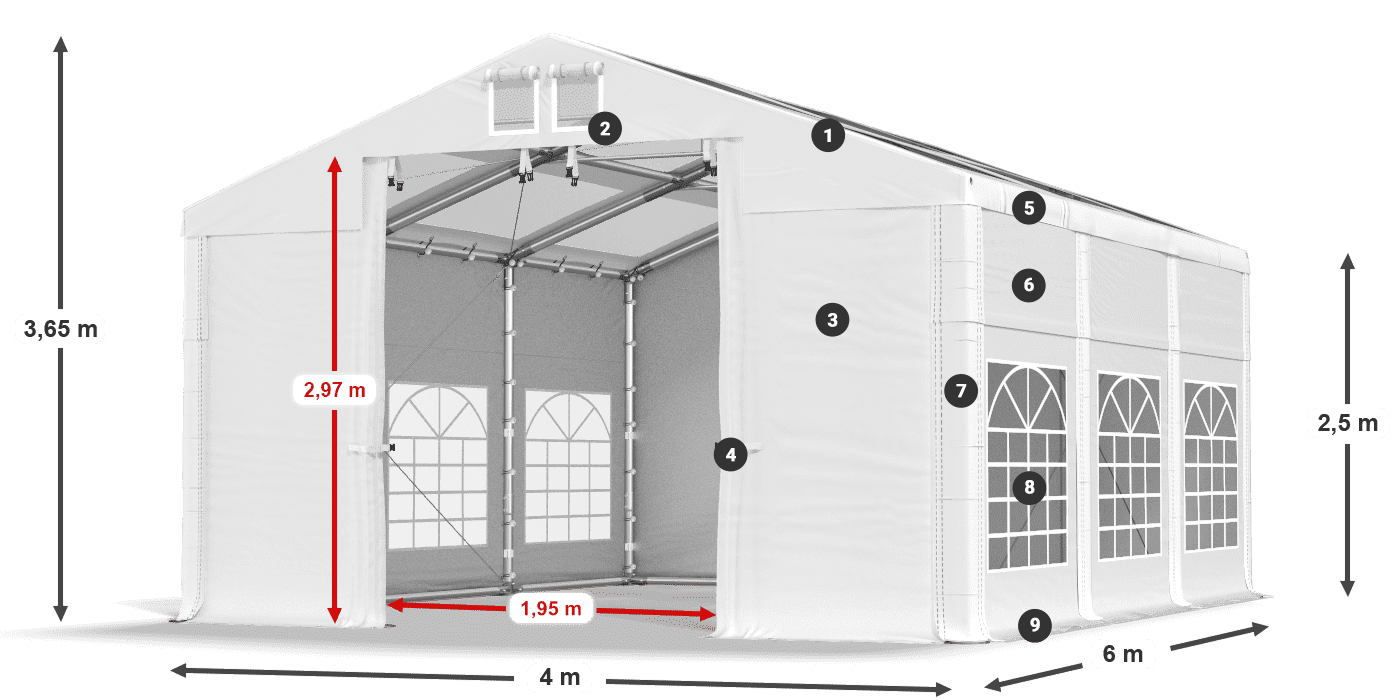 Tető: MS T 580 PVC Falak: FR 620 PVC 2,5 m jelmagyarázat