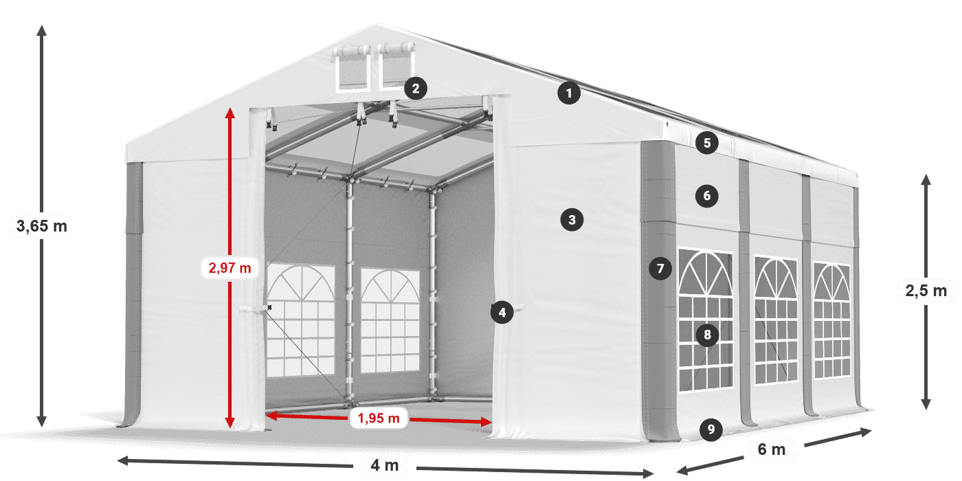Tető: MS T 580 PVC Falak: FR 620 PVC 2,5 m jelmagyarázat