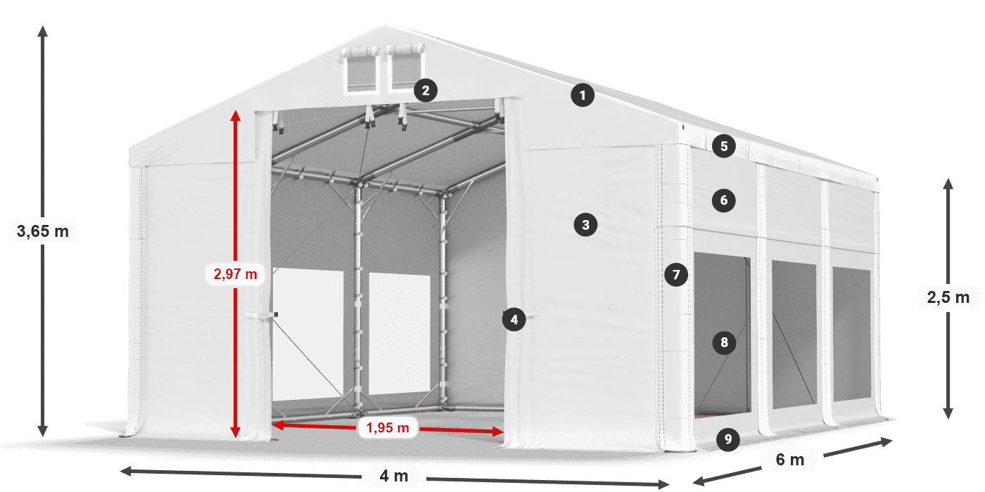 Tető: MS 580 PVC Falak: MS 580 PVC 2,5 m jelmagyarázat